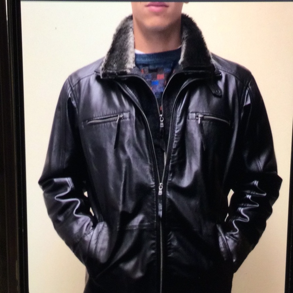 Men's Black Leather Jacket with Brown Stripe and Fur Collar Size L